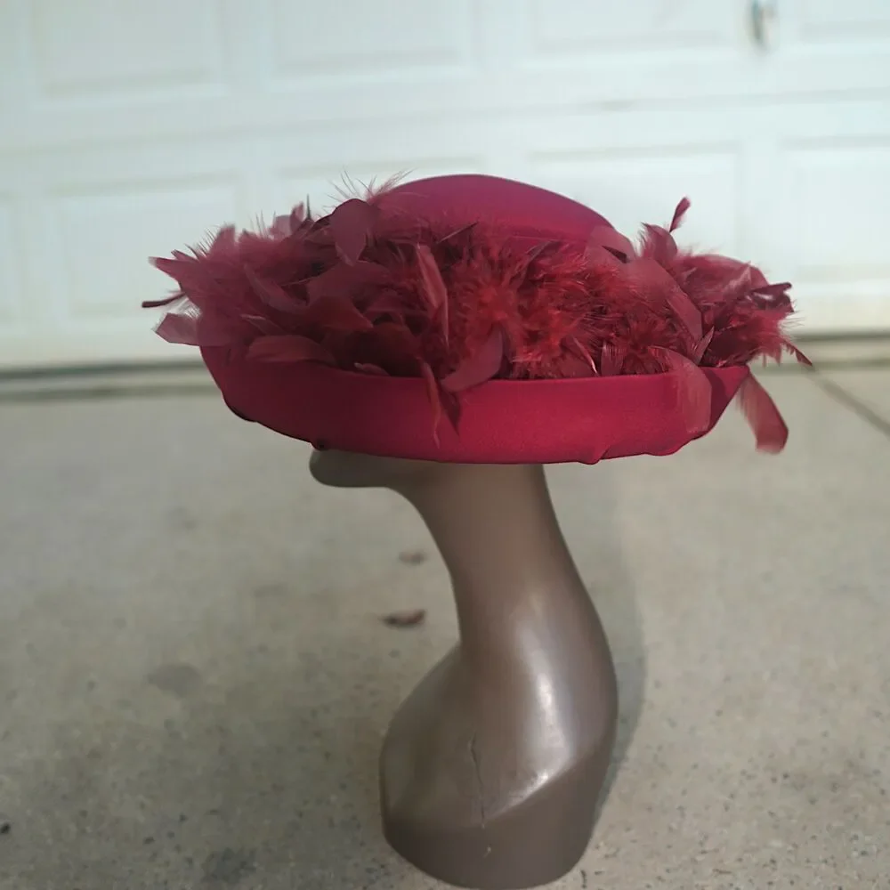 Vintage Gilbert and Ivy Burgundy Wool Feather Pillbox Hat / Fascinator